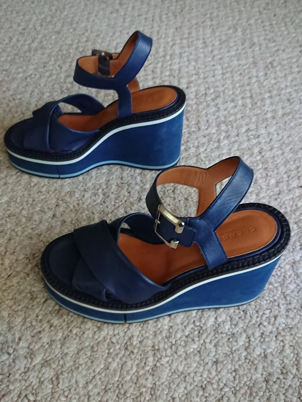 Robert Clergerie Noemie Navy Blue Platform Wedge Heeled Sandals size 8